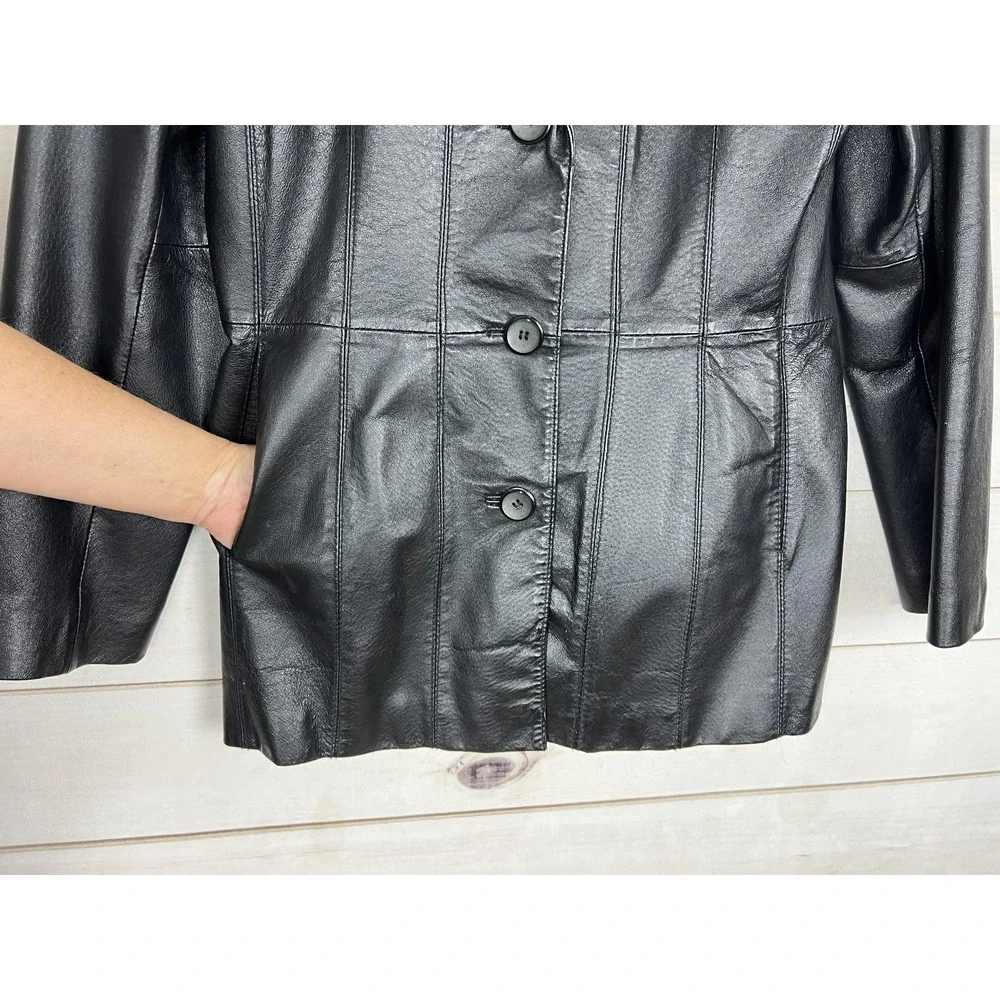 George Leather Jacket Womens S Black Button Front Blazer Mid Length Lined Y2K - Picture 4 of 11